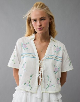 AE Collared Tie Front Embroidered Shirt