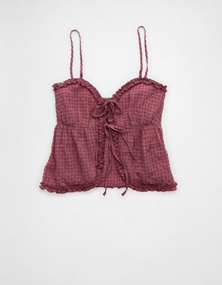 AE Tie Front Ruffle Trim Tank Top