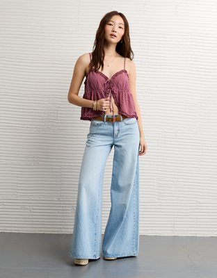 AE Tie Front Ruffle Trim Tank Top