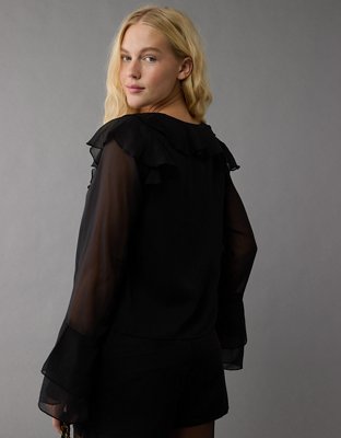 AE Long-Sleeve Chiffon Ruffle Blouse