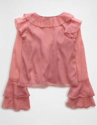 AE Long-Sleeve Chiffon Ruffle Blouse