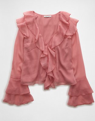 AE Long-Sleeve Chiffon Ruffle Blouse