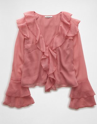 AE Long-Sleeve Chiffon Ruffle Blouse