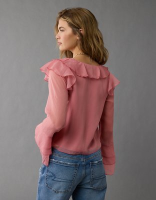 AE Long-Sleeve Chiffon Ruffle Blouse