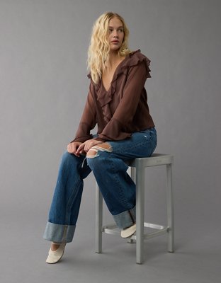 AE Long-Sleeve Chiffon Ruffle Blouse