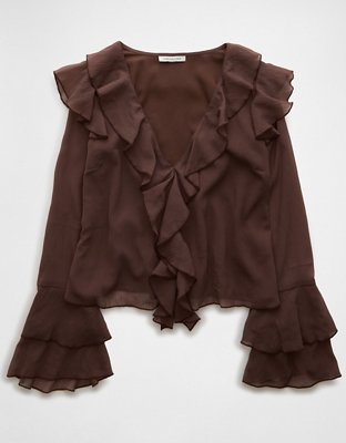 AE Long-Sleeve Chiffon Ruffle Blouse