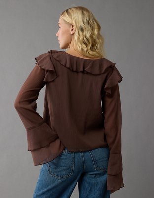 AE Long-Sleeve Chiffon Ruffle Blouse