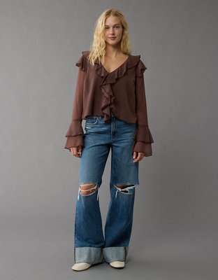 AE Long-Sleeve Chiffon Ruffle Blouse