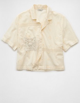 AE Short-Sleeve Embroidered Button-Up Shirt