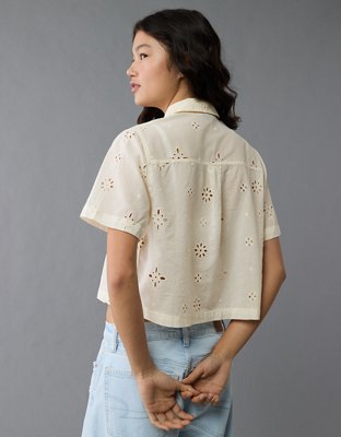 AE Short-Sleeve Embroidered Button-Up Shirt