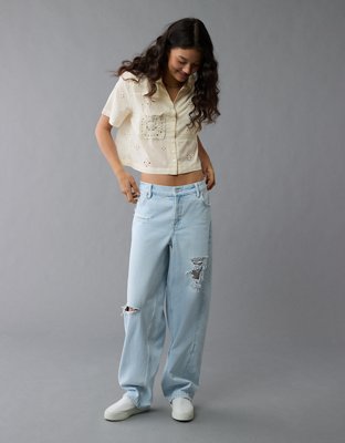AE Short-Sleeve Embroidered Button-Up Shirt