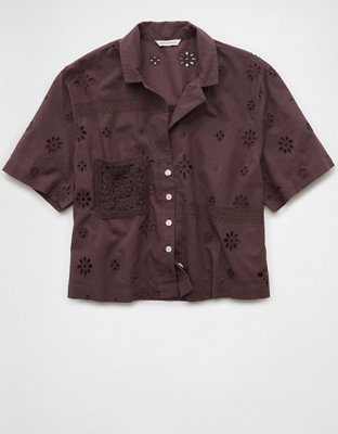 AE Short-Sleeve Embroidered Button-Up Shirt