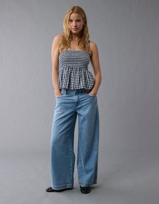 AE Cami Estilo Babydoll a Cuadros Bordada con Nido de Abeja