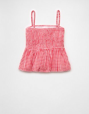 AE Cami Estilo Babydoll a Cuadros Bordada con Nido de Abeja