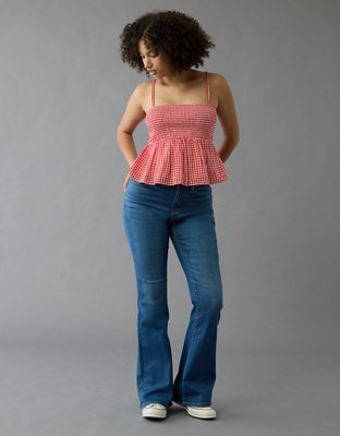 AE Cami Estilo Babydoll a Cuadros Bordada con Nido de Abeja