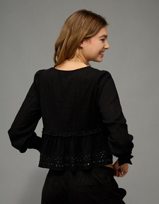 トップス border waffle undulate frill tops Cream And Black Embroidered Ruffled Top | Purple Door | Commerce