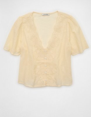 AE Lace Trim Short-Sleeve Blouse | American Eagle
