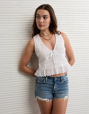 AE Smocked Button-Up Peplum Tank Top