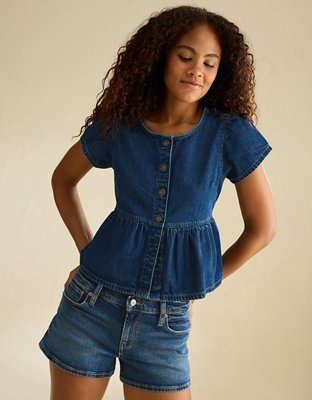 AE Short-Sleeve Denim Peplum Top | American Eagle