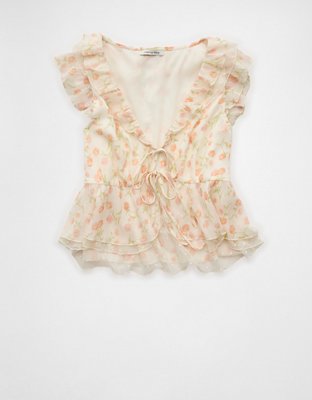 AE Flutter Sleeve Tie-Front Blouse