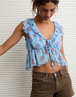 AE Flutter Sleeve Tie-Front Blouse