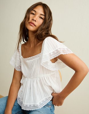 AE Short-Sleeve Lace Trim Blouse