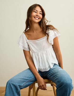 AE Short-Sleeve Lace Trim Blouse
