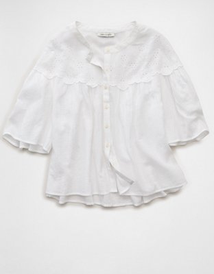 AE Embroidered Button-Up Blouse | American Eagle