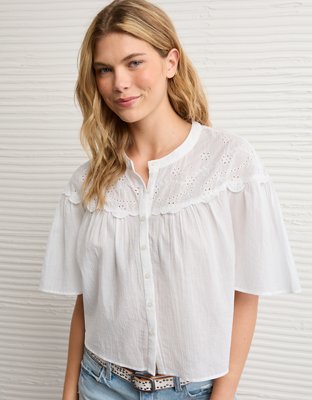 AE Embroidered Button-Up Blouse | American Eagle
