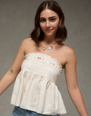 AE Embroidered Strapless Babydoll Tube Top