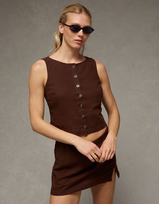 AE Linen-Blend High-Neck Vest | American Eagle