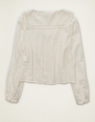 AE Lace Long-Sleeve Button-Up Blouse