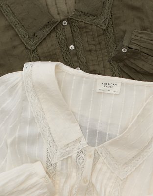 AE Lace Long-Sleeve Button-Up Blouse