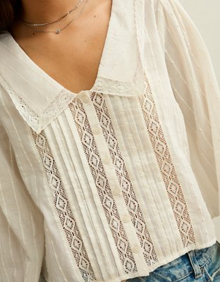 AE Lace Long-Sleeve Button-Up Blouse