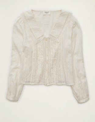 AE Lace Long-Sleeve Button-Up Blouse