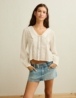 AE Lace Long-Sleeve Button-Up Blouse