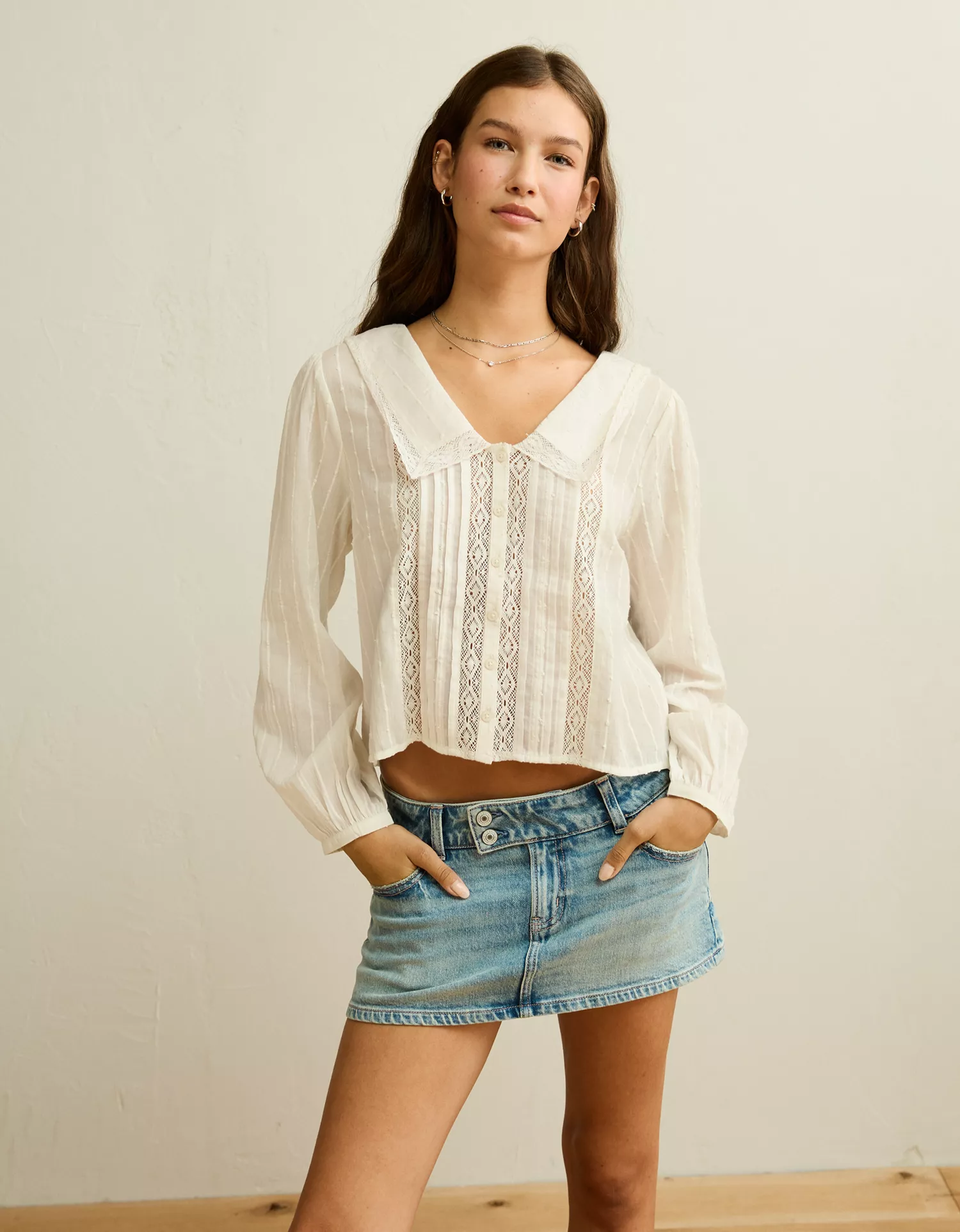 AE Lace Long-Sleeve Button-Up Blouse - thumbnail 8