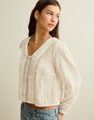 AE Lace Long-Sleeve Button-Up Blouse