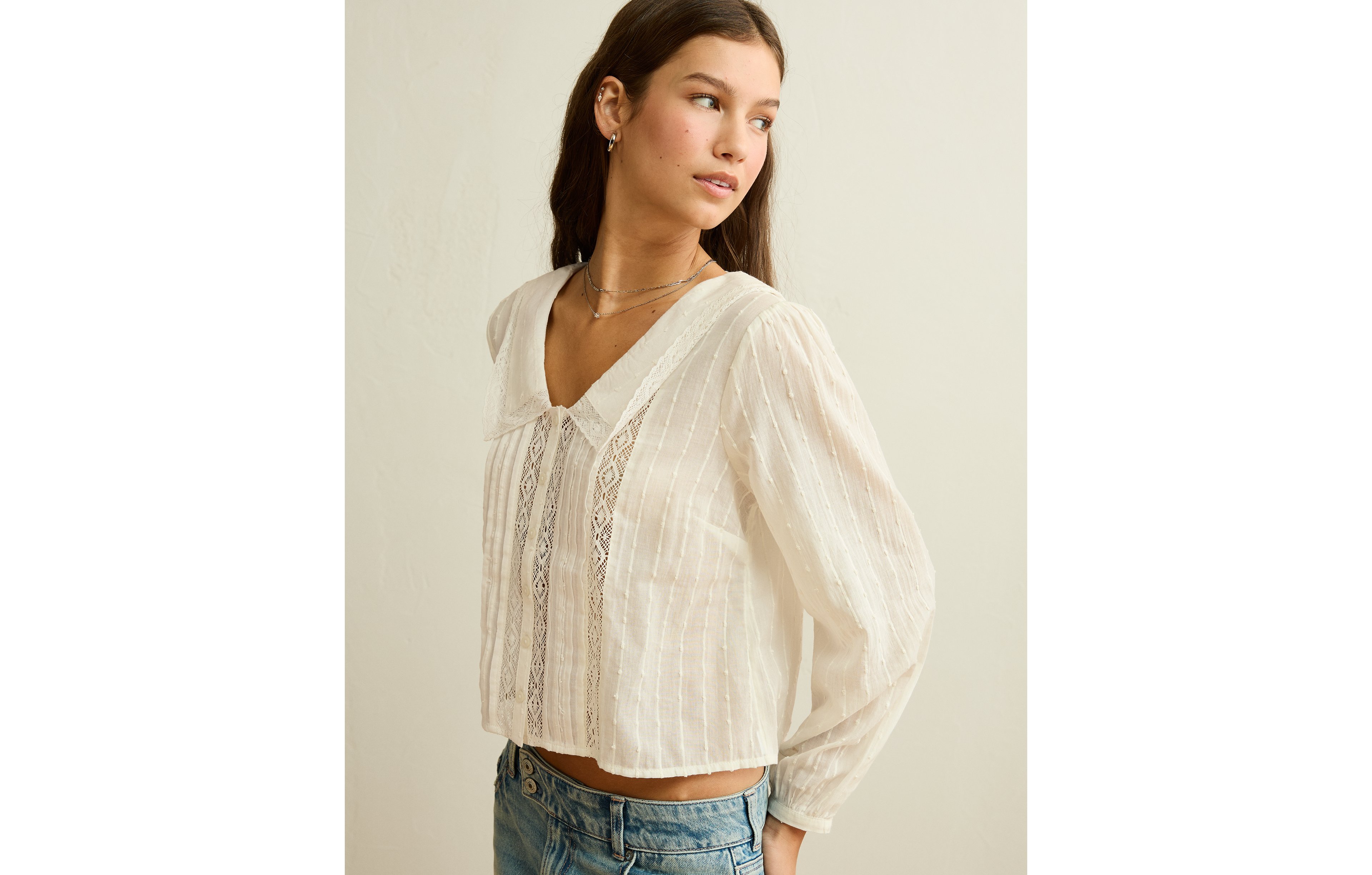 AE Lace Long-Sleeve Button-Up Blouse
