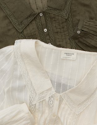 AE Lace Long-Sleeve Button-Up Blouse
