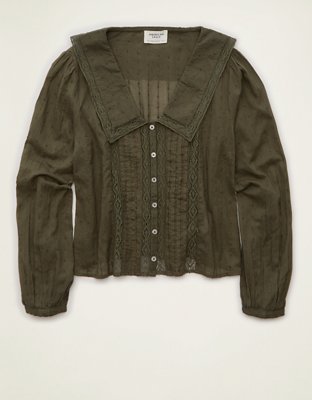 AE Lace Long-Sleeve Button-Up Blouse