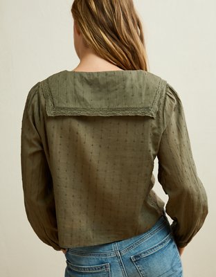 AE Lace Long-Sleeve Button-Up Blouse