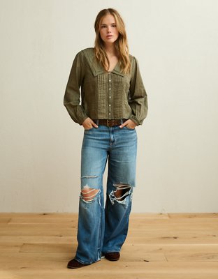 AE Lace Long-Sleeve Button-Up Blouse