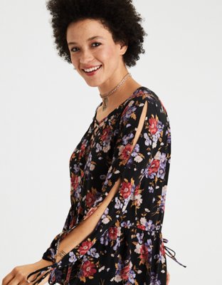 AE Flowy Split-Sleeve Lace-Up Blouse