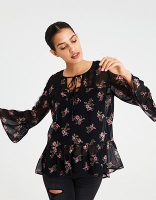 AE Floral Lace Inset Lace Up Front Top