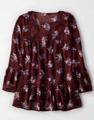 AE Floral Lace Inset Lace Up Front Top