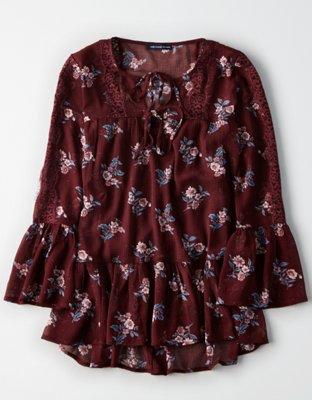 AE Floral Lace Inset Lace Up Front Top