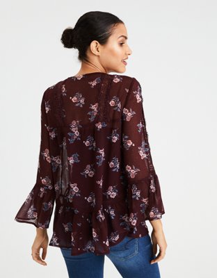 AE Floral Lace Inset Lace Up Front Top
