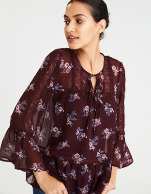 AE Floral Lace Inset Lace Up Front Top