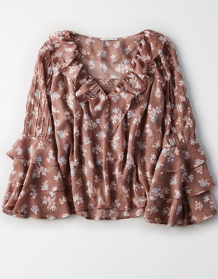 Женские топы American Eagle AE PRINTED CHIFFON RUFFLE TOP — фото 3